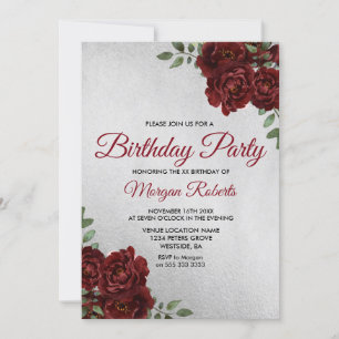 Elke Age Silver Foil Burgundy Roos Birthday Party Kaart