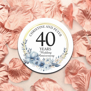 Elke bruiloft (40) Elegant Blauw Bloemen Jubileum Ronde Sticker