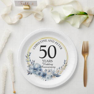 Elke bruiloft (50) Elegant Blauw Bloemen Jubileum Papieren Bordje