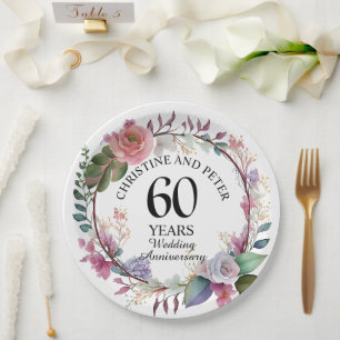 Elke bruiloft (60) Elegant Floral Jubileum Papieren Bordje