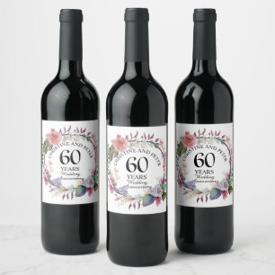 Elke bruiloft (60) Elegant Floral Jubileum Wijn Etiket