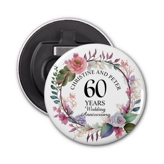 Elke bruiloft (60) Elegante Bloemen Jubileum gunst Button Flesopener (Voorkant)