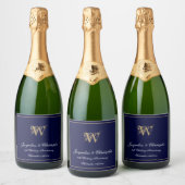 Elke bruiloft Jubileum Monogram Chic Navy Blauw Sparkling Wijnetiket (Flessen)