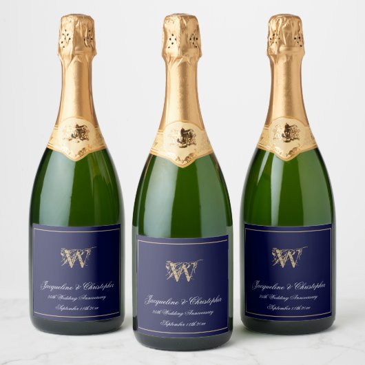 Elke bruiloft Jubileum Monogram Chic Navy Blauw Sparkling Wijnetiket (Flessen)