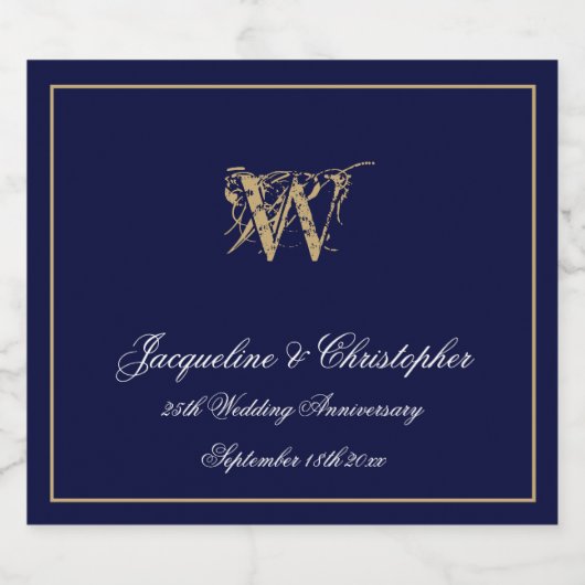 Elke bruiloft Jubileum Monogram Chic Navy Blauw Sparkling Wijnetiket (Enkel label)