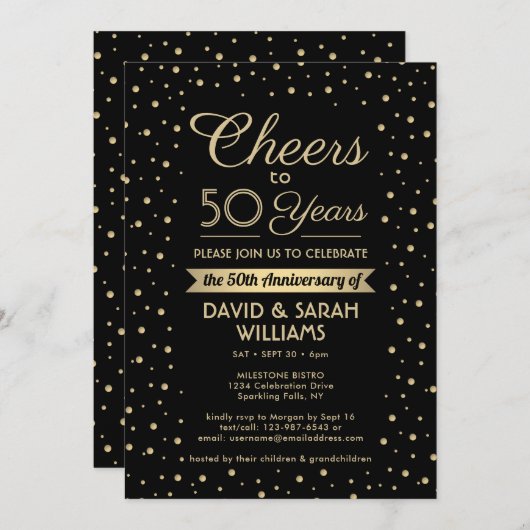 ELKE Jubileum Proost Zwart & Goud Confetti Party Kaart (Voorkant / Achterkant)
