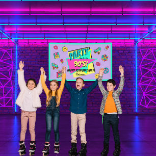 ELKE LEEFTIJD retro 90's feest paars roze blauwgro Spandoek