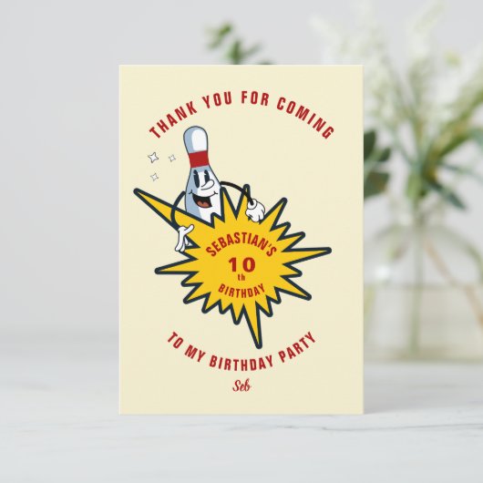 Elke leeftijd retro mascotte bowling verjaardagsfe bedankkaart (Staand voorkant)