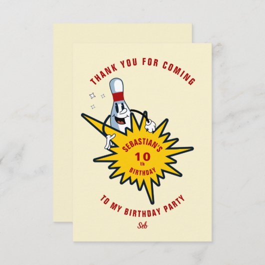 Elke leeftijd retro mascotte bowling verjaardagsfe bedankkaart (Voorkant / Achterkant)