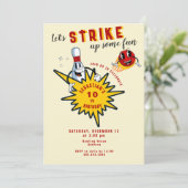 Elke leeftijd retro mascotte bowling verjaardagsfe kaart (Staand voorkant)