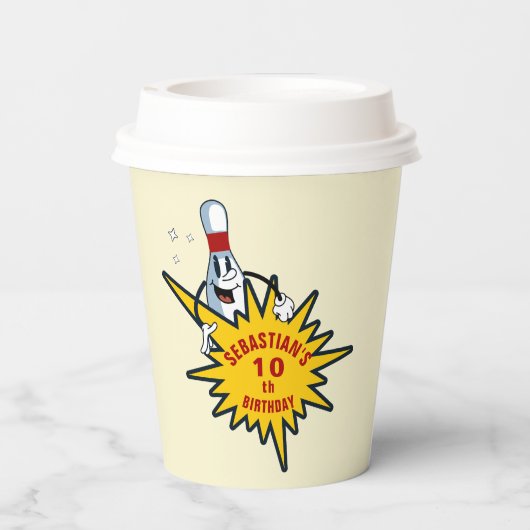Elke leeftijd retro mascotte bowling verjaardagsfe papieren bekers (Achterkant)