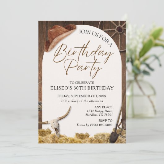 Elke leeftijd rustiek hout Western verjaardagsfees Kaart (Staand voorkant)
