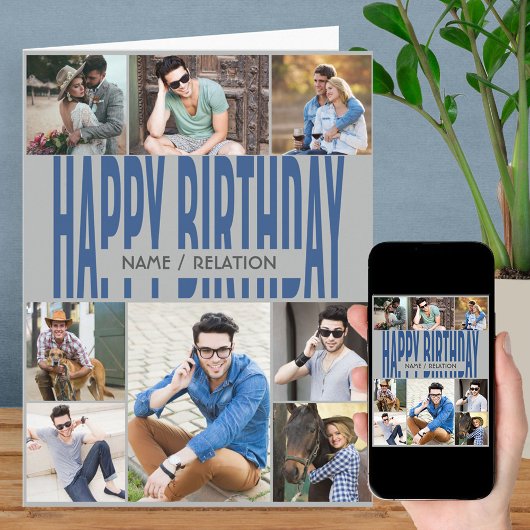 Elke leeftijd van 8 Foto Collage Blue Gray Birthda Kaart