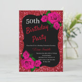 Elke leeftijd verjaardag rood glitter roze rozen kaart (Staand voorkant)