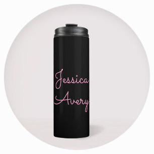 Elke naam Cool bewerkbaar roze schrift op zwart Thermosbeker