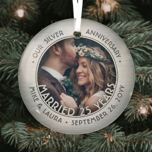 Elke tekst 1 Foto Silver 25th Wedding Jubileum Glas Ornament