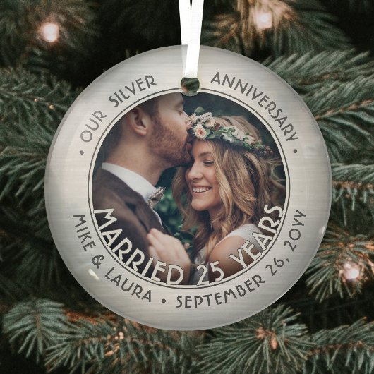 Elke tekst 1 Foto Silver 25th Wedding Jubileum Glas Ornament
