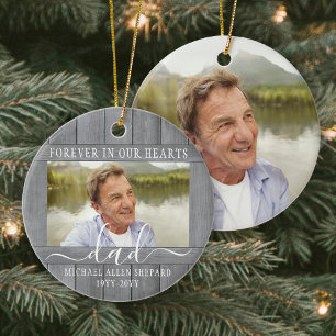 Elke tekst 2 Foto Memorial Simple Grey Faux Wood Keramisch Ornament
