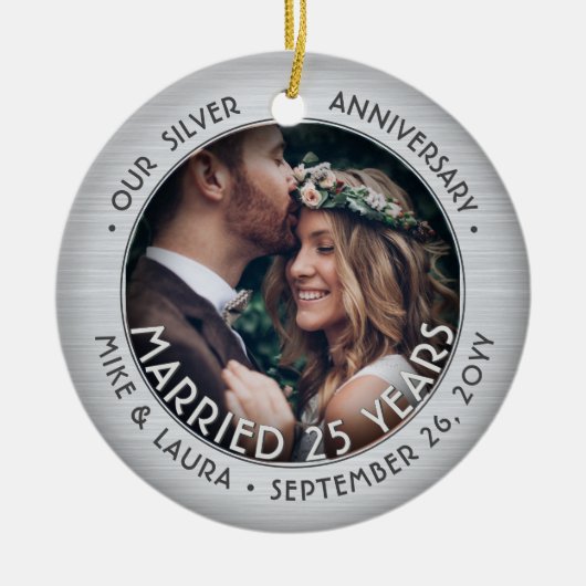 Elke tekst 2 Foto Silver 25th Wedding Jubileum Keramisch Ornament (Voorkant)