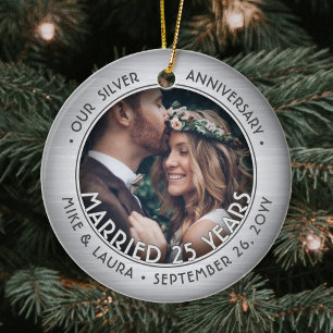 Elke tekst 2 Foto Silver 25th Wedding Jubileum Keramisch Ornament