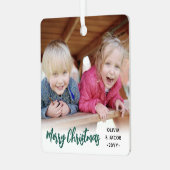 Elke tekst 2 foto trendy geborsteld groen script metalen ornament (Voorkant links)