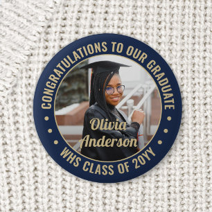 Elke tekst Afstudeerfoto Gefeliciteerd Navyblauw G Ronde Button 5,7 Cm