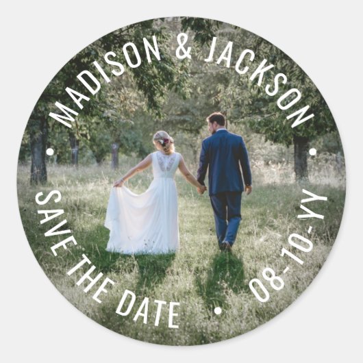 Elke tekst Bewaar de datum Eenvoudige moderne trou Ronde Sticker (Voorkant)