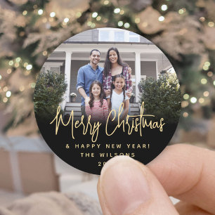 Elke tekst Modern Script Eenvoudige foto Zwart & G Ronde Sticker