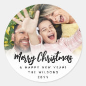 Elke tekst Trendy Script Kerstmis Foto Zwart Wit Ronde Sticker (Voorkant)