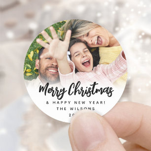 Elke tekst Trendy Script Kerstmis Foto Zwart Wit Ronde Sticker