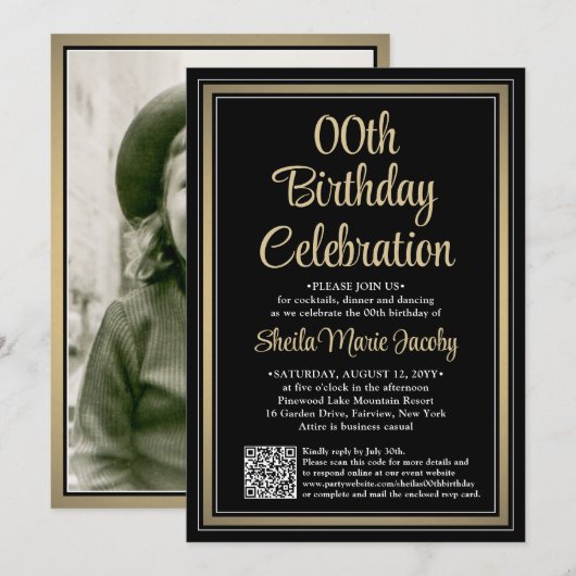 ELKE Verjaardag · Foto & QR Code Zwart & Goud Part Kaart (Voorkant / Achterkant)