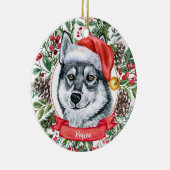 Elkhound Dog Custom Santa Hat Kerstversier Keramisch Ornament (Rechts)