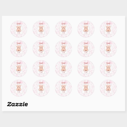 Ella | Aangepaste Roze Teddybeer Nursery Design Ronde Sticker (Vel)