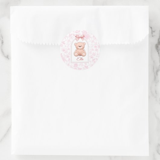 Ella | Aangepaste Roze Teddybeer Nursery Design Ronde Sticker (Tas)