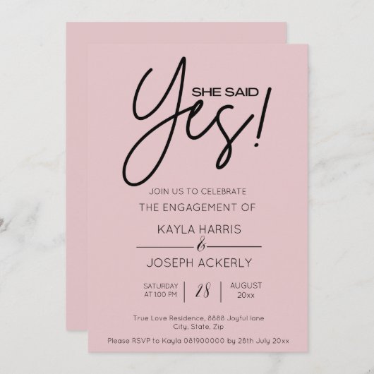 Elle a dit Oui Dusty Rose Fiançailles Invitation (Devant / Derrière)