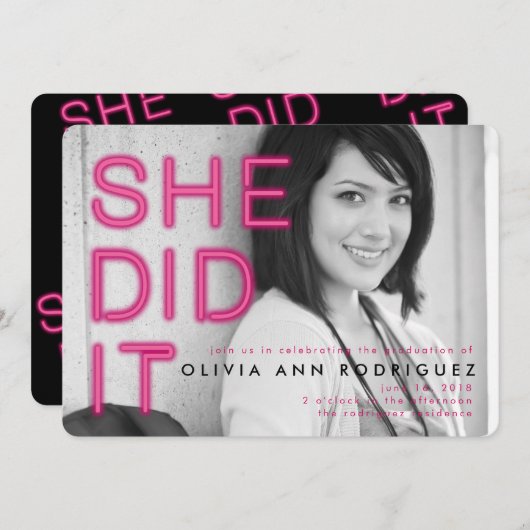 Elle A Fait Neon Light Graduation Party Invitation (Devant / Derrière)