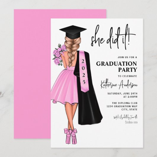 Elle A Fait Pink Graduation Party Invitation (Devant / Derrière)