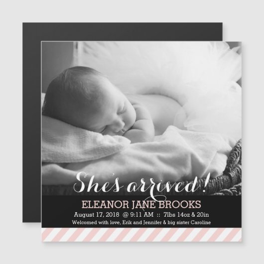 Elle est arrivée Pink Stripes Baby Faire-part (Devant / Derrière)