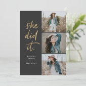 Elle L'A Fait Gold & Black Graduation Faire-part (Debout devant)