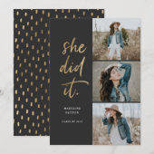 Elle L'A Fait Gold & Black Graduation Faire-part (Devant / Derrière)