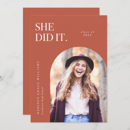 Elle L'A Fait Orange Arch Graduation Faire-part (Devant / Derrière)