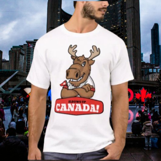 Ellebogen omhoog Canada! Grappige Moose met vlag T T-shirt