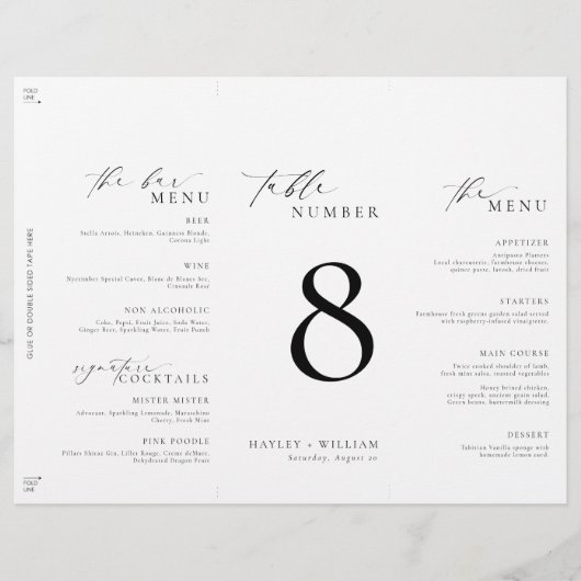 Ellesmere Minimalist Tri-Fold Table Numéro & Menu (Devant)
