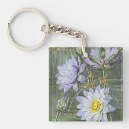 Ellis Rowan Blauw Wit Water Lelie Bloemen Sleutelhanger (Voorkant)