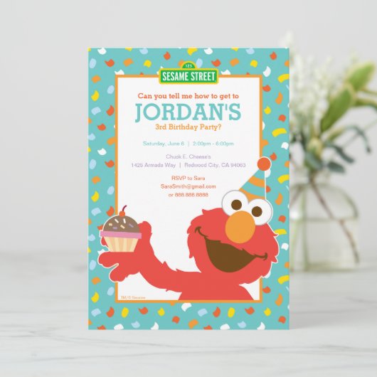 Elmo - Cupcake & Confetti 3de uitnodiging van de d (Staand voorkant)