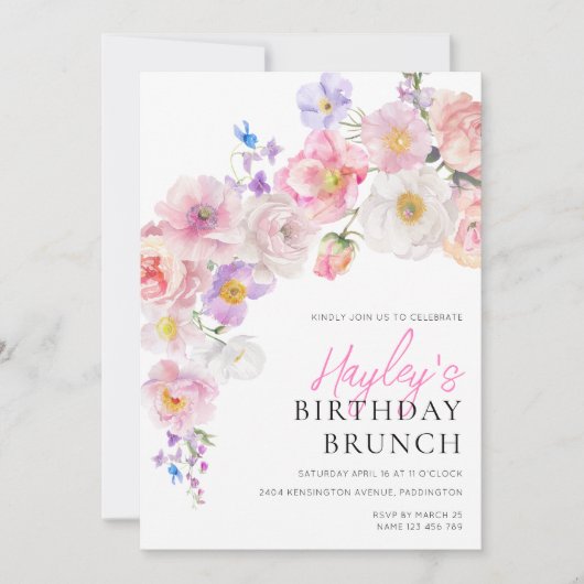 Eloise Roze Bloemen Verjaardagsbrunch Kaart (Voorkant)