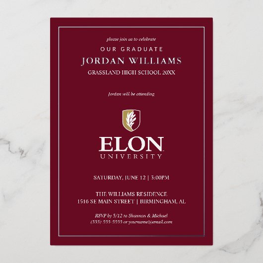 Elon University Afstuderen Folie Uitnodiging (Voorkant)
