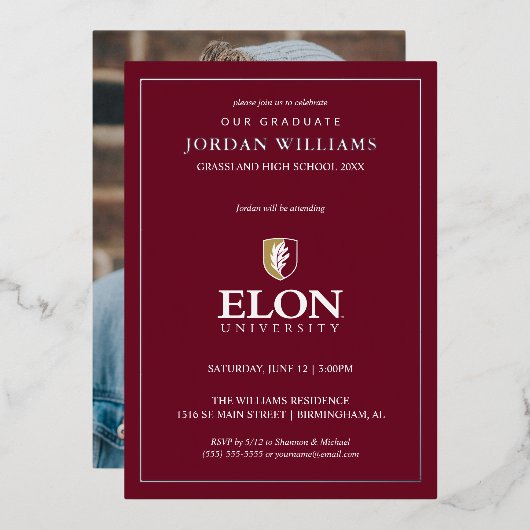 Elon University Afstuderen Folie Uitnodiging (Voorkant / Achterkant)