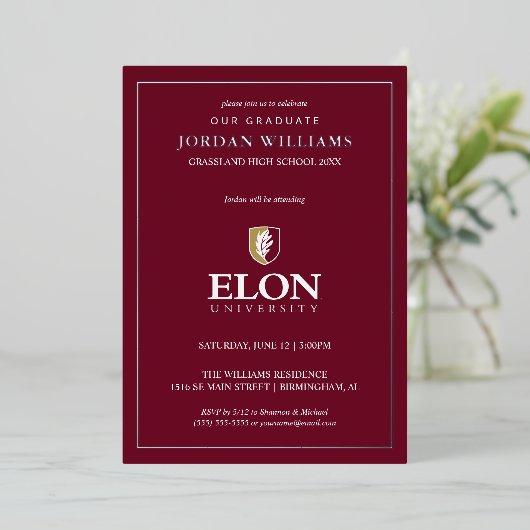 Elon University Afstuderen Folie Uitnodiging (Staand Voorkant)