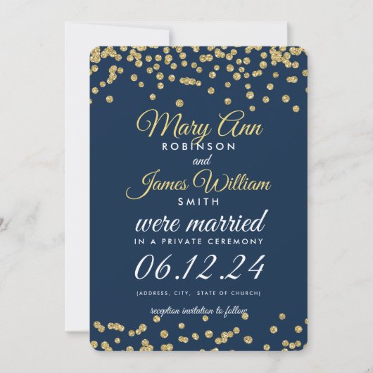 Elopement Gold Faux Glitter Confetti Navy Blue Kaart (Voorkant)